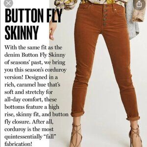 Cabi Button Fly Skinny Cords, Size 8, Rust/Burnt Orange Color